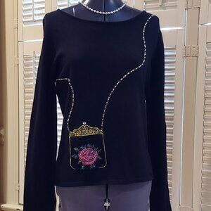 Whimsical Faux Beaded Purse Black Sweater Size M by Pink Poodle